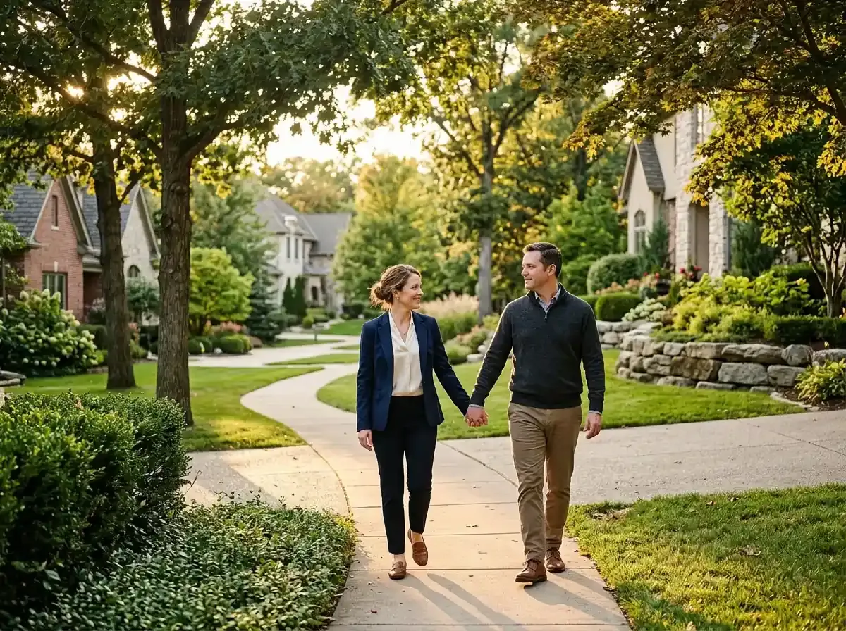 Couple holding hands and walking along a tree-lined sidewalk in a well-kept suburban neighborhood at golden hour.